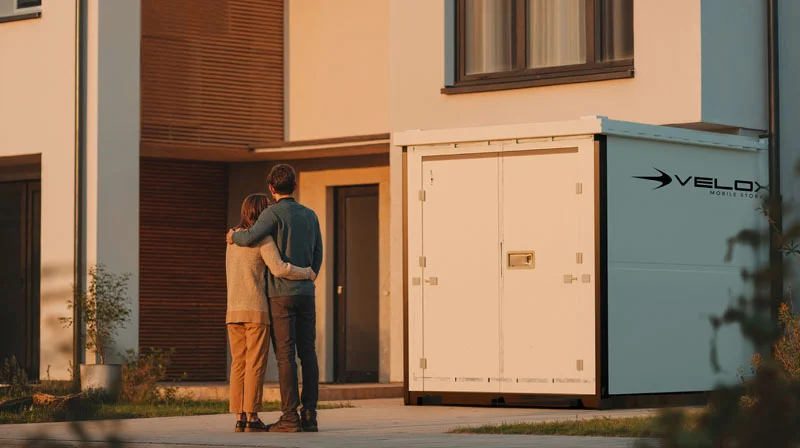 couple in front of new home with Velox secure portable storage container