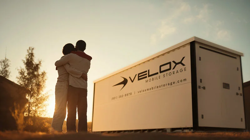 couple in front of new home with Velox portable storage unit