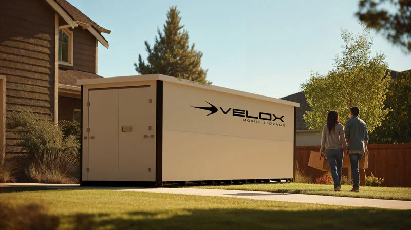 couple in front of new home with Velox portable storage unit