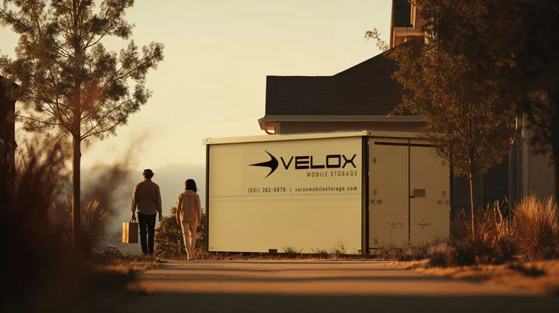 couple in front of new home with Velox portable storage unit