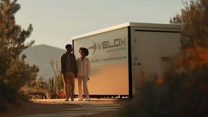 couple with Velox portable storage container