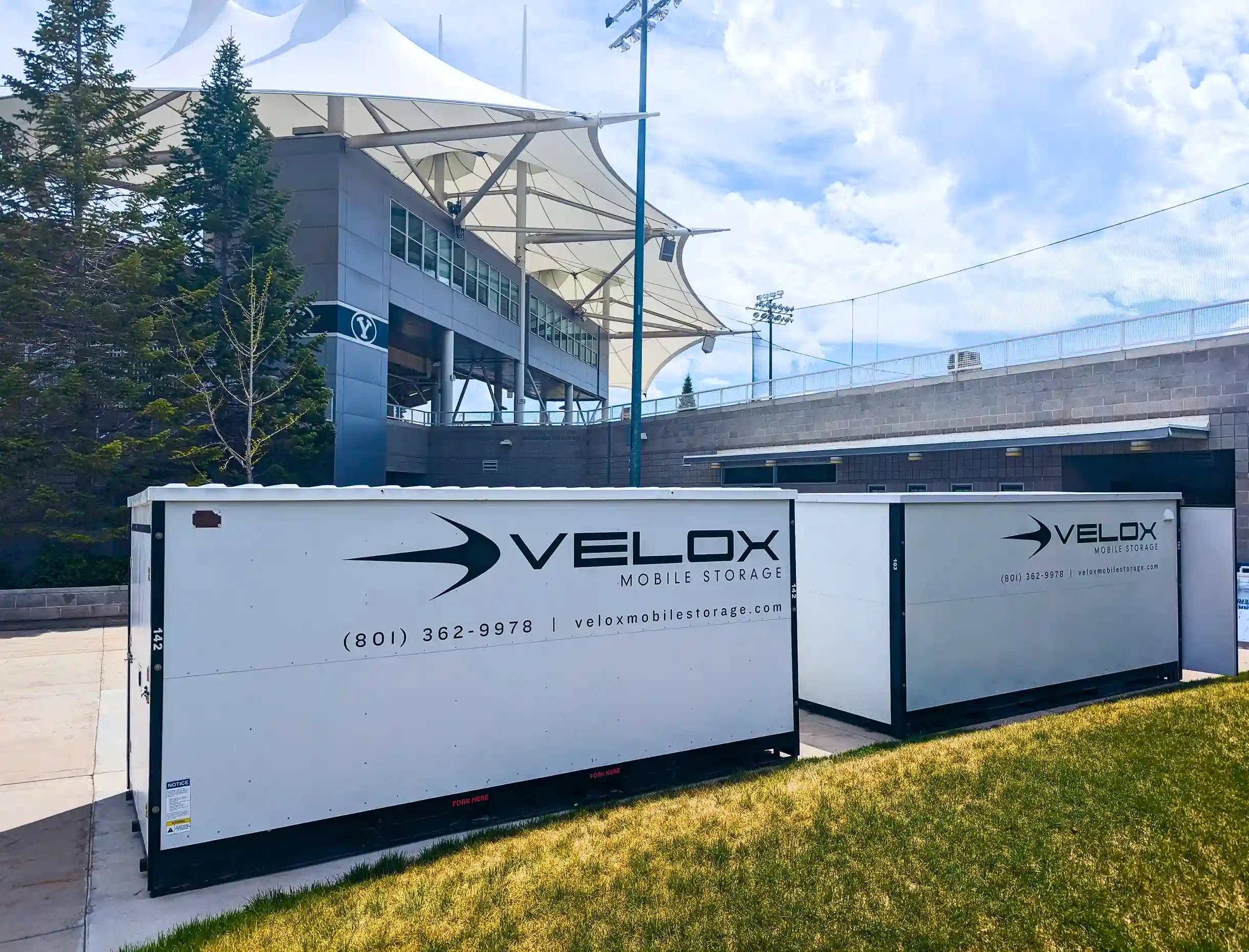Two Portable Velox storage units for holiday and seasonal storage