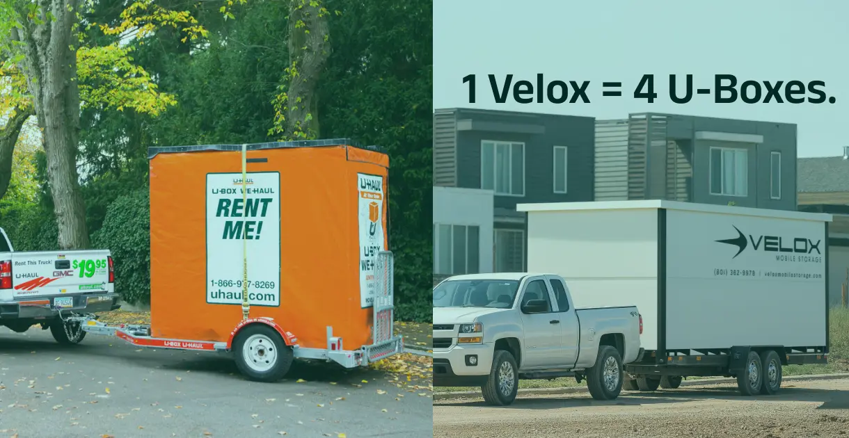 Comparison of a full-size 16-foot Velox storage container versus multiple small U-Haul U-Boxes on a Utah driveway, highlighting capacity and ease of loading