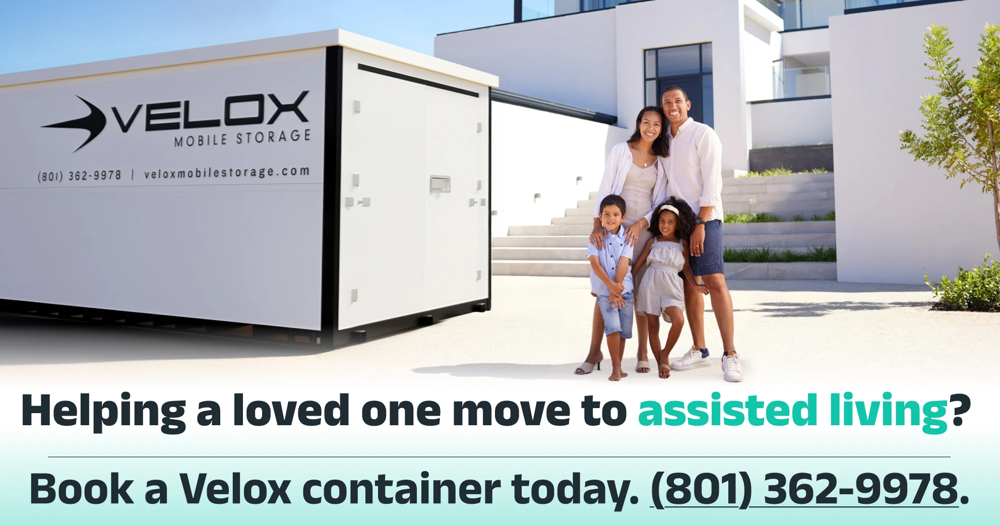 A happy family ready for photoshoot in front of their house and Velox container after moving to assisted living