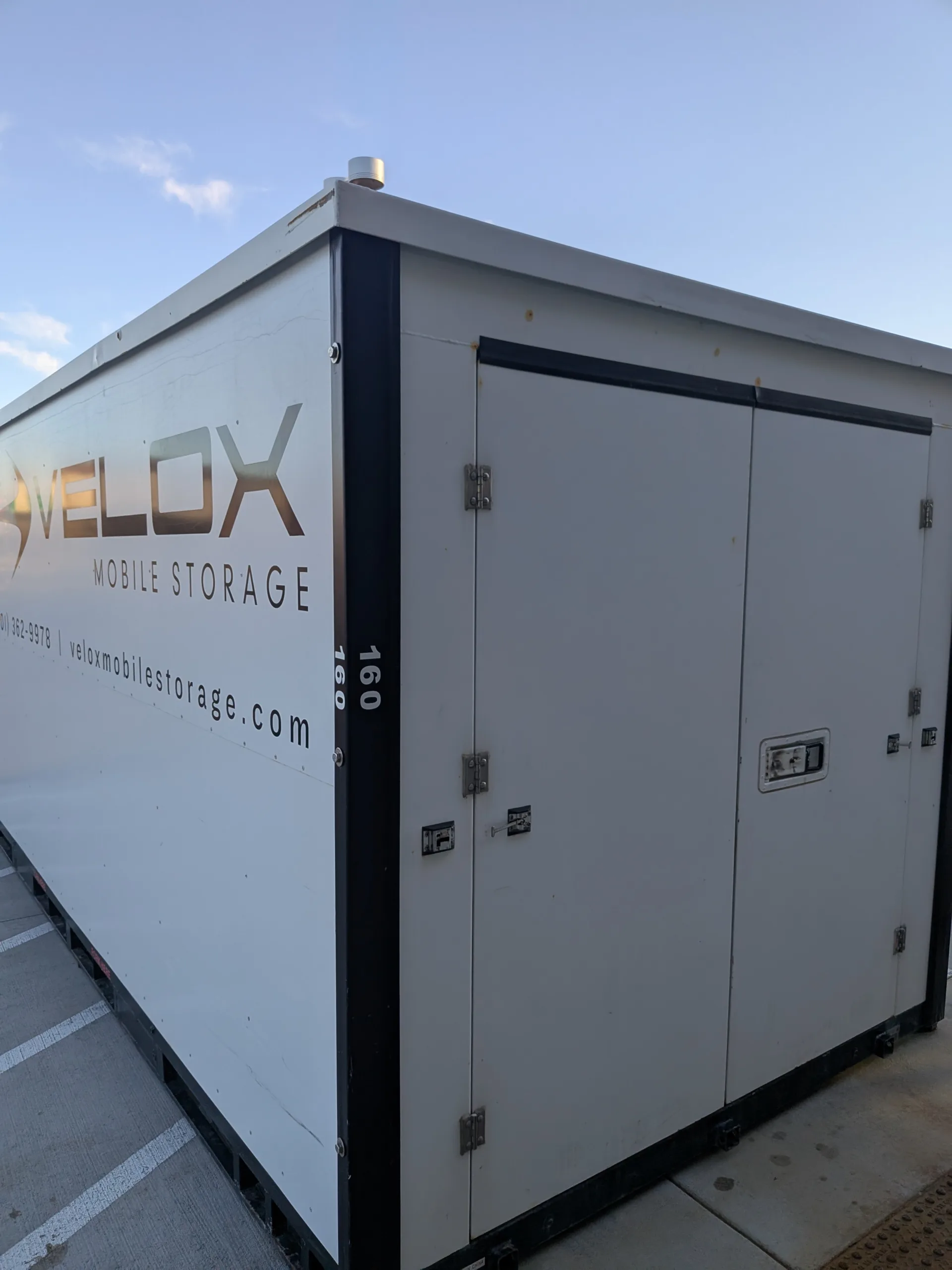 Close-up of the lockable double doors on a Velox Mobile Storage container