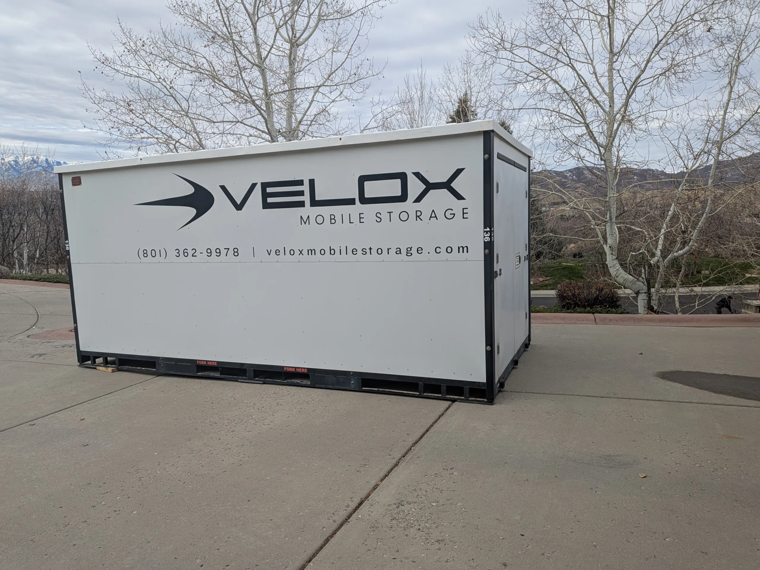 Side view of a full-size Velox Mobile Storage container